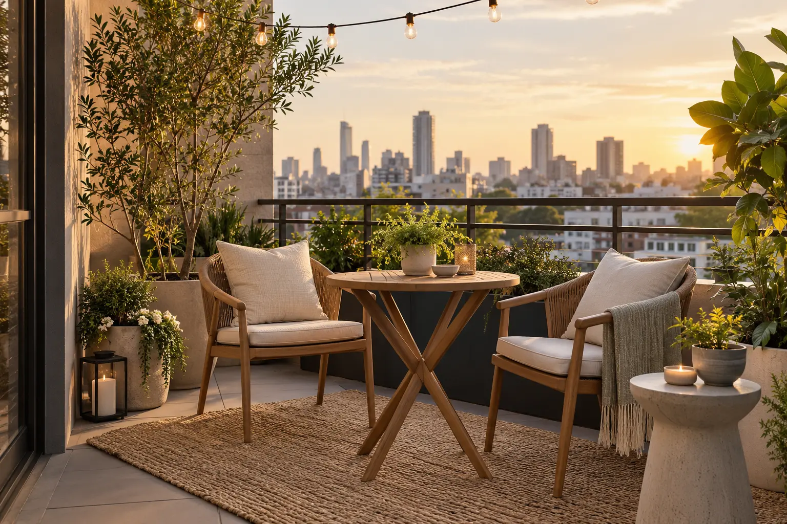 A calm city balcony with compact lounge seating, a bistro table, and leafy plants