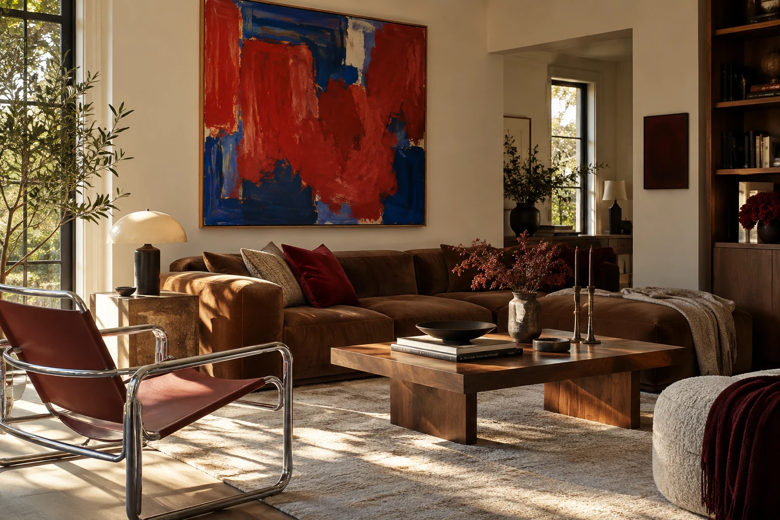 A brown sofa and chrome accent chair beneath large colorful abstract art in a sunlit living room
