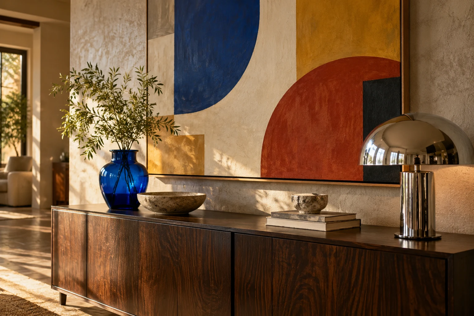 Colorful geometric artwork above a walnut credenza with a cobalt vase and chrome lamp