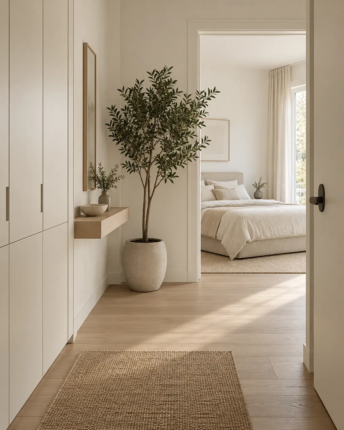 Minimal apartment entry with tailored storage, a leafy tree, and a calm bedroom beyond