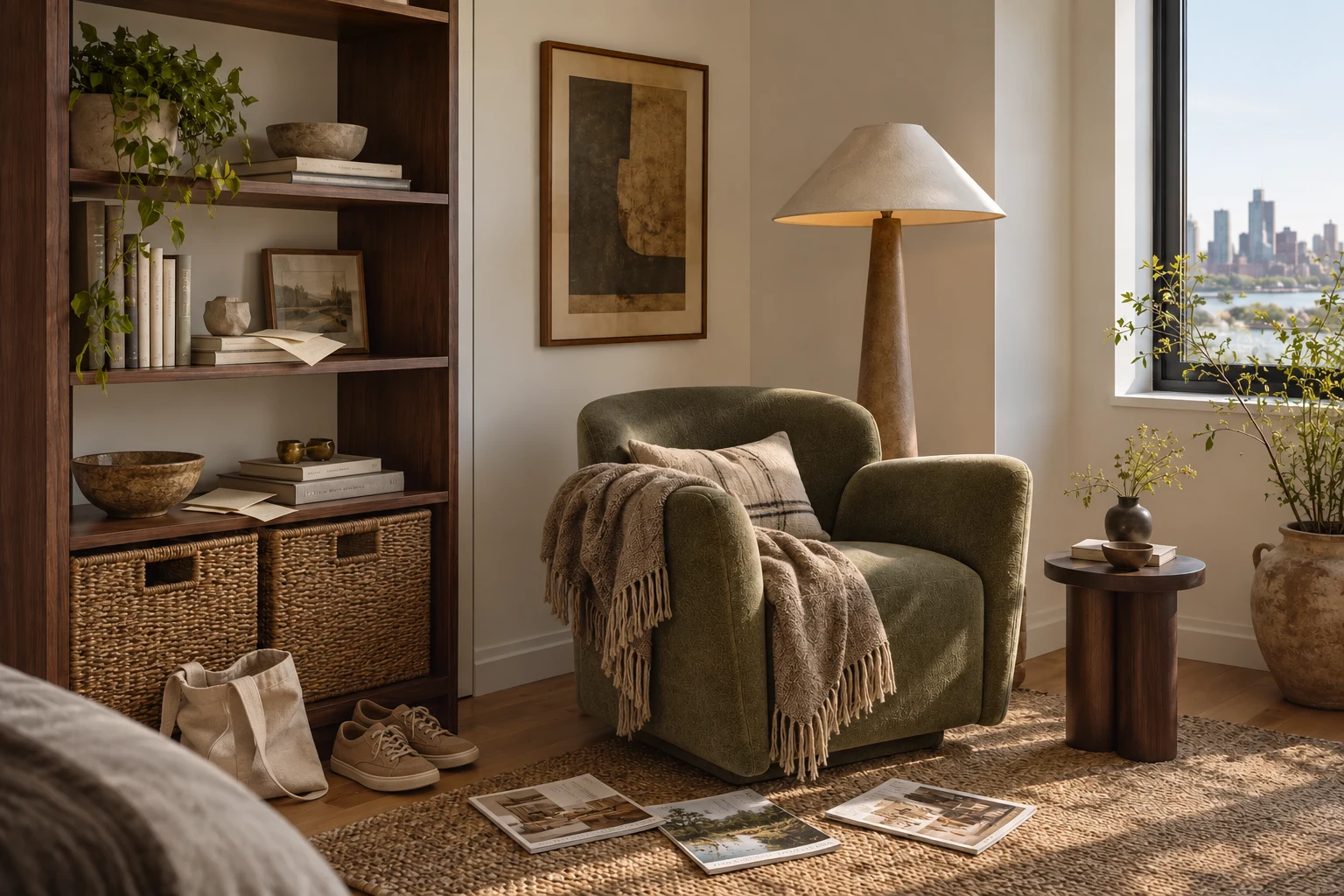 Before: magazines, shoes, and a tote on the floor; a bunched throw and loose shelf papers