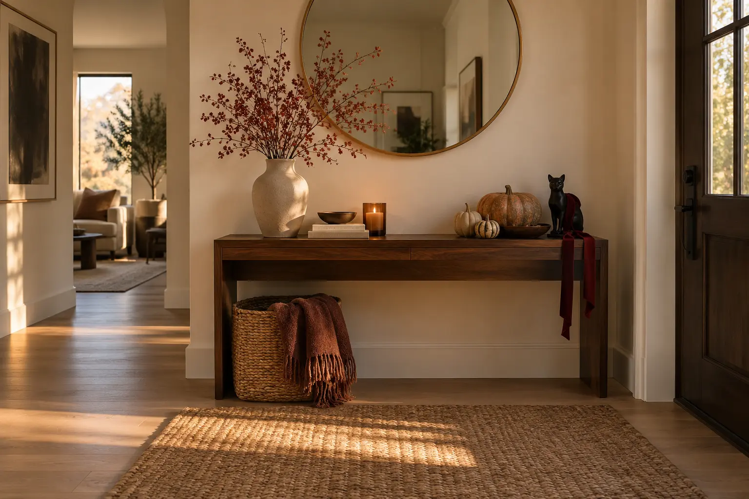 A warm, minimalist fall entry with dried branches, pumpkins, candlelight, and a subtle black cat accent