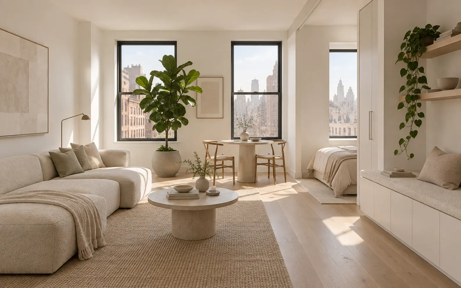 Bright compact New York apartment with warm white furnishings, built-in storage, and plants