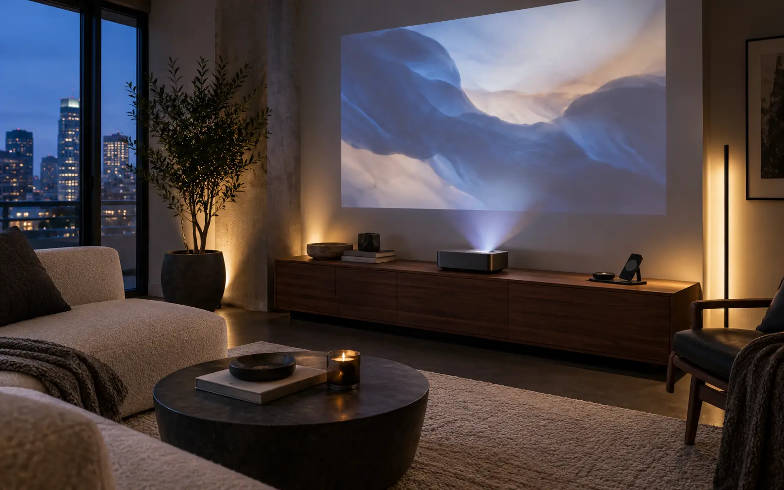 A refined apartment media nook with a compact projector, soft ambient light, and a tall plant